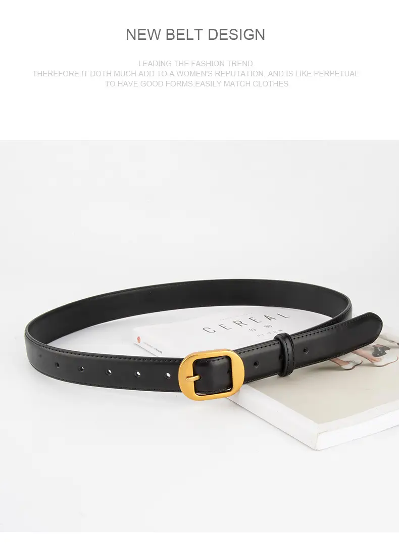 Women's Black Genuine Leather Belt with Gold Buckle — feature 11