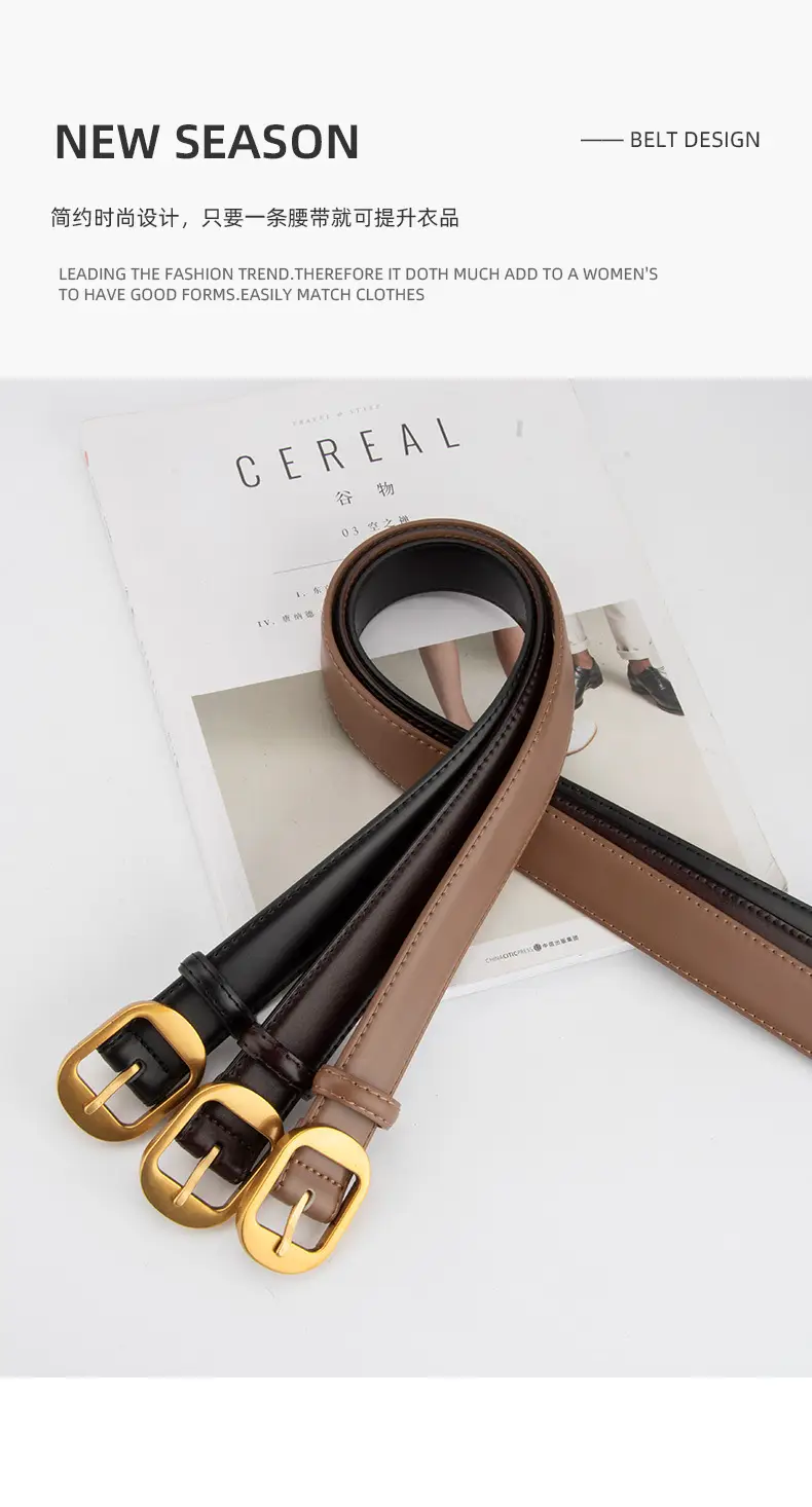 Women's Black Genuine Leather Belt with Gold Buckle — feature 4