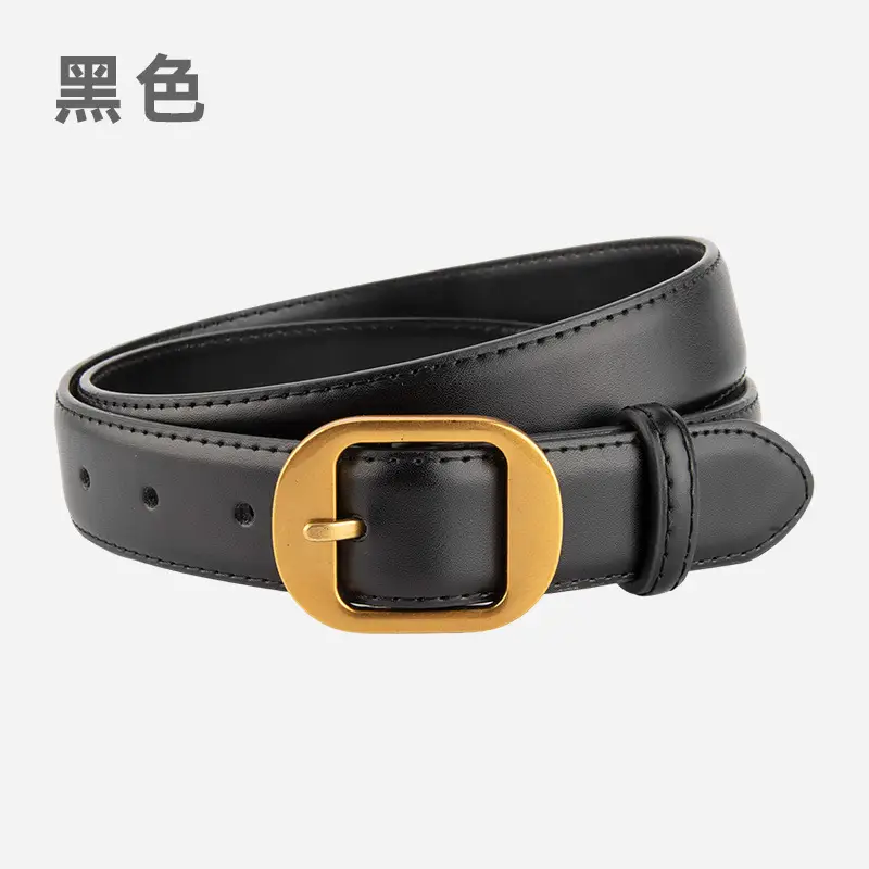 Women's Black Genuine Leather Belt with Gold Buckle - Image 2