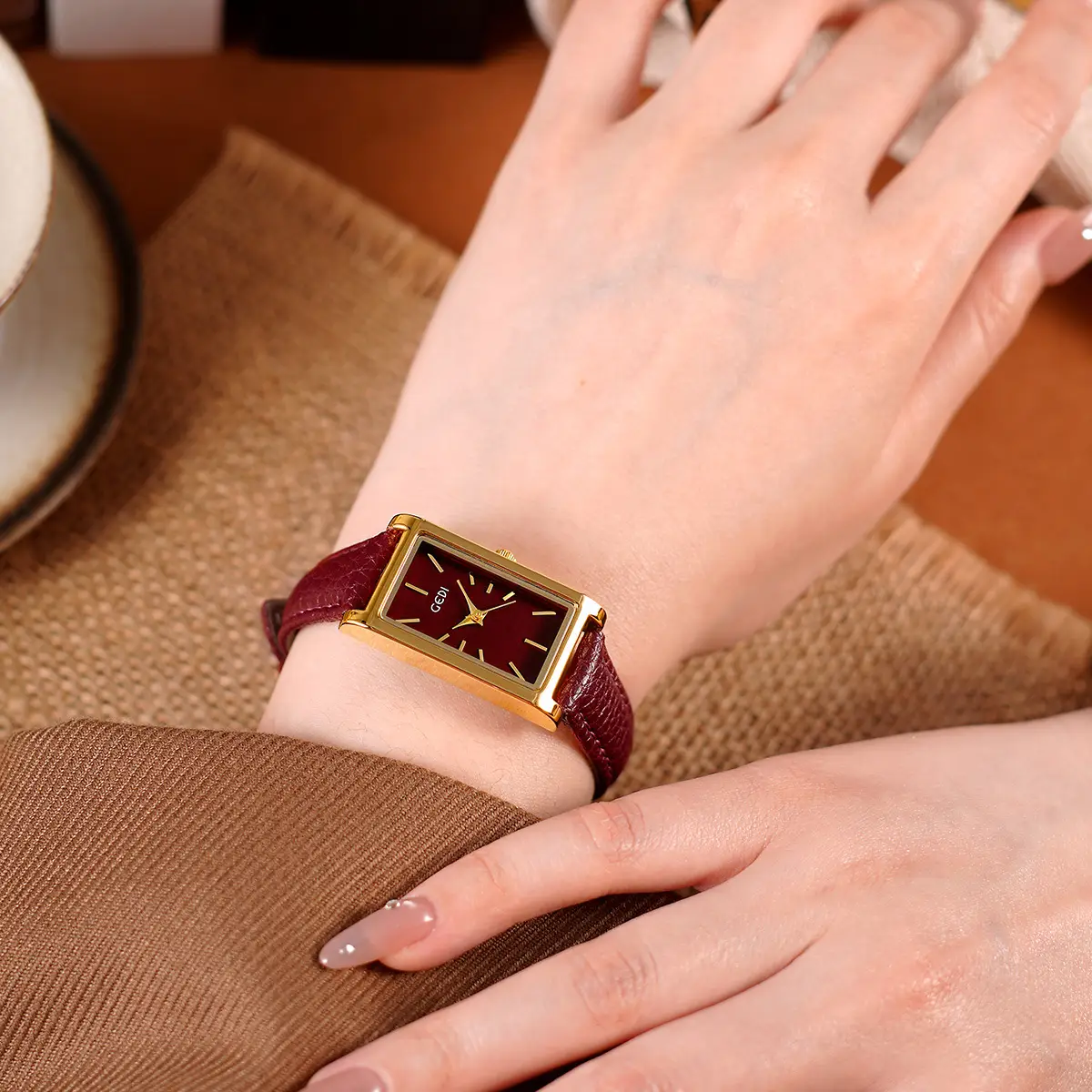 Gold Square Watch Green Dial Quartz for Women - Image 7