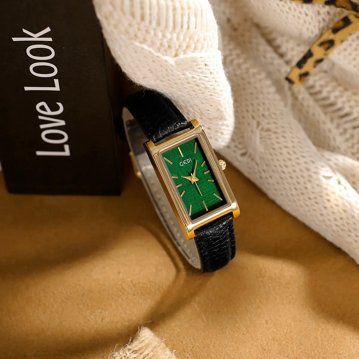 Gold Square Watch Green Dial Quartz for Women - Image 9