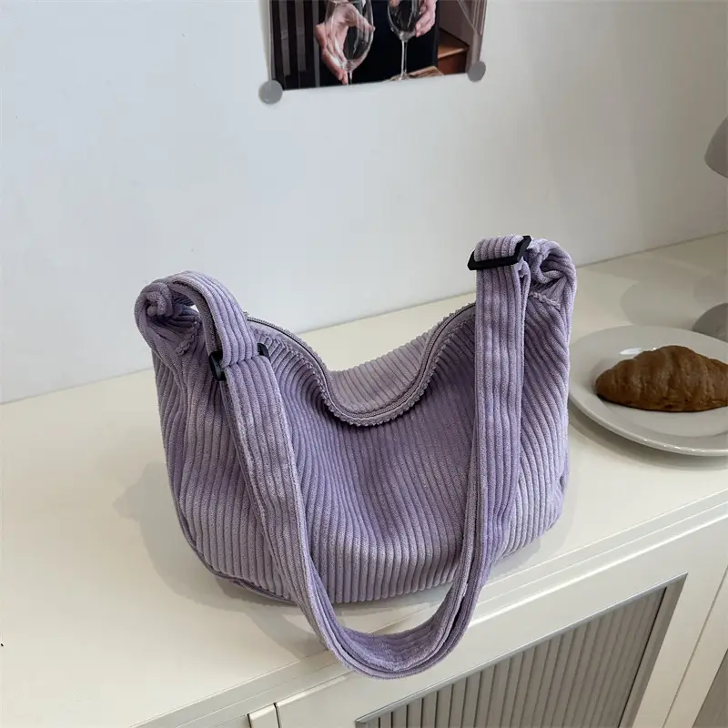 Purple Corduroy Shoulder Bag for Women