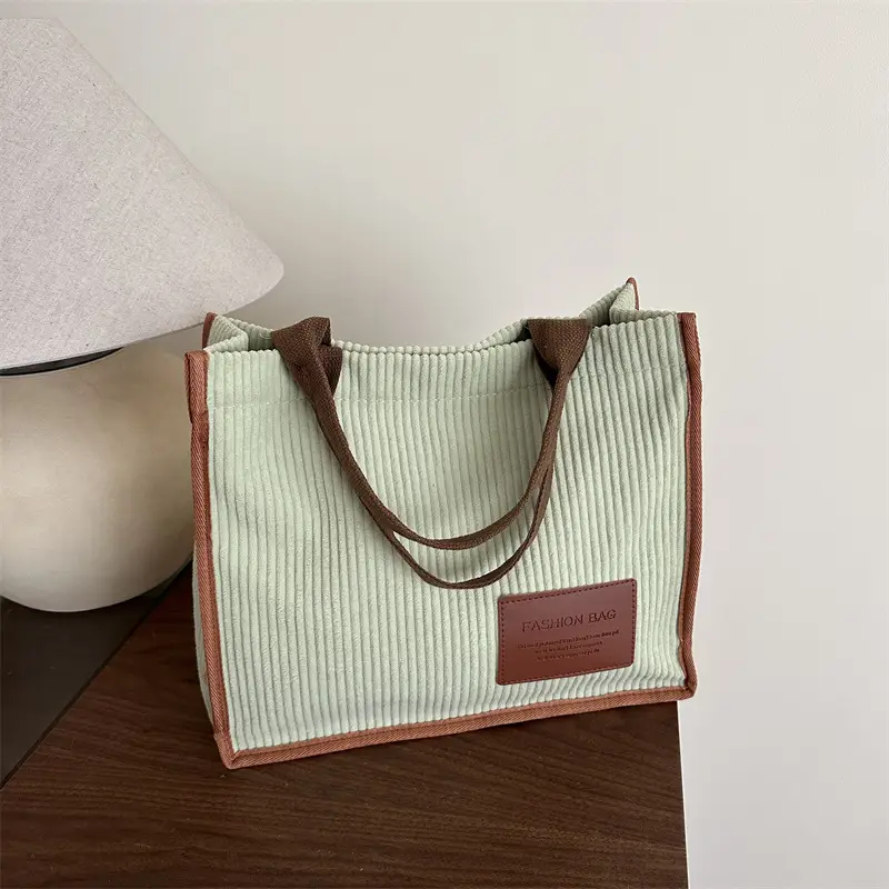 Large Capacity Literary Korean Tote Bag Green Brown - Image 9