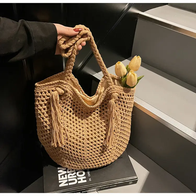 Women's Crossbody Straw Bag with Tassel Handle - Image 2