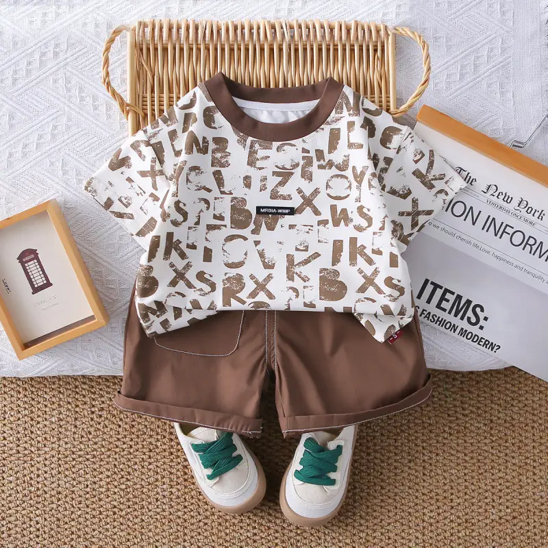 New Boys Letter Print 2Pc Summer T-Shirt Set Brown Shorts - Image 4