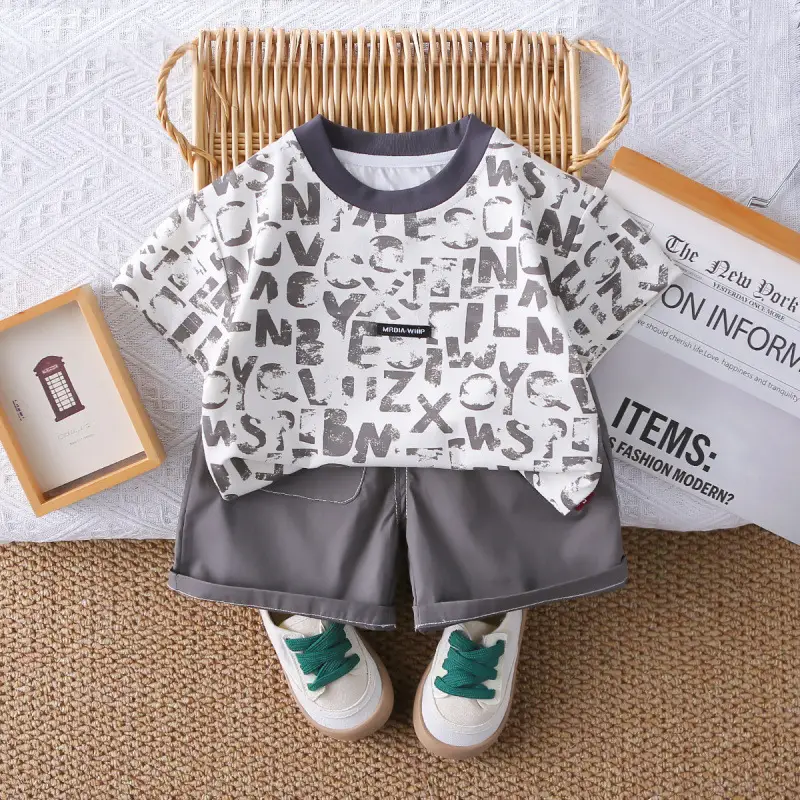 New Boys Letter Print 2Pc Summer T-Shirt Set Brown Shorts - Image 2