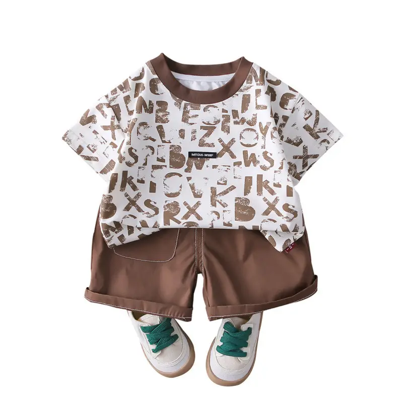 New Boys Letter Print 2Pc Summer T-Shirt Set Brown Shorts - Image 5