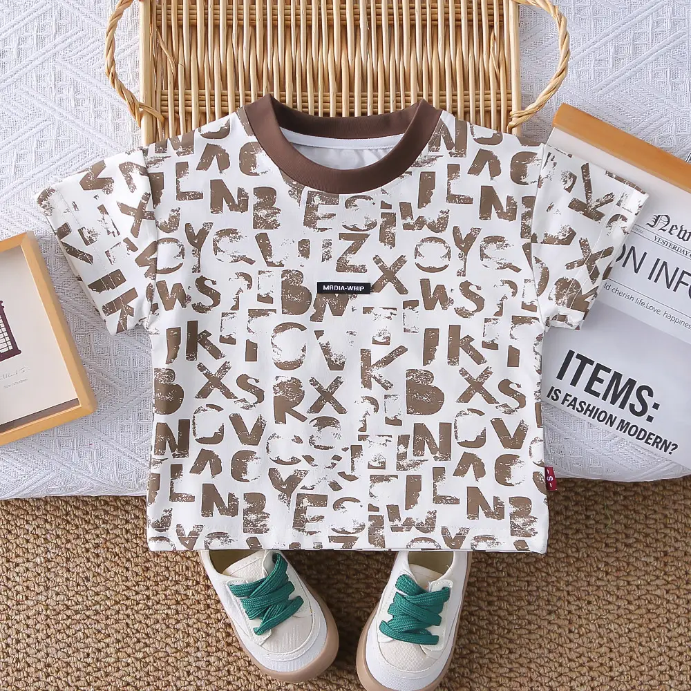 New Boys Letter Print 2Pc Summer T-Shirt Set Brown Shorts — feature 10