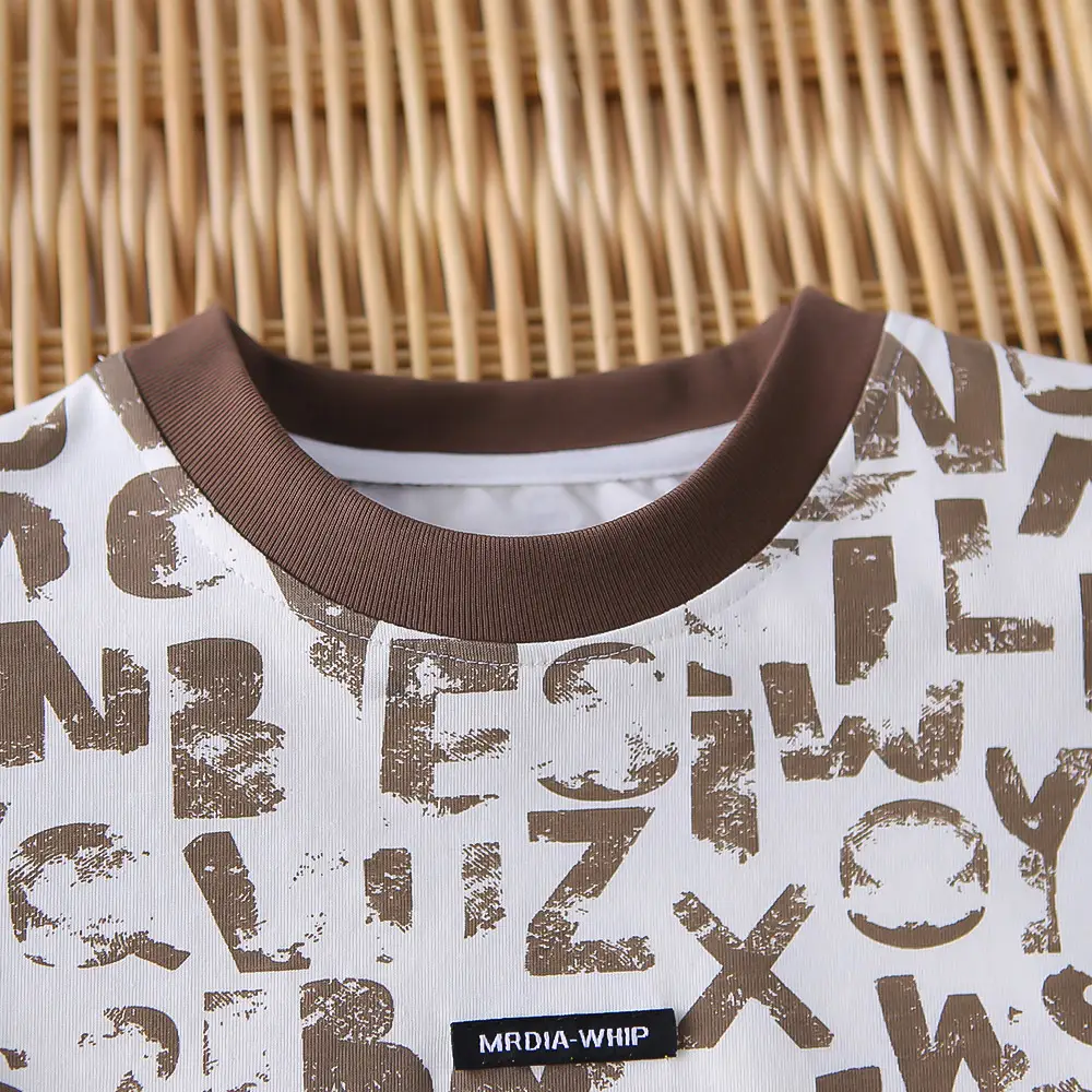 New Boys Letter Print 2Pc Summer T-Shirt Set Brown Shorts — feature 11