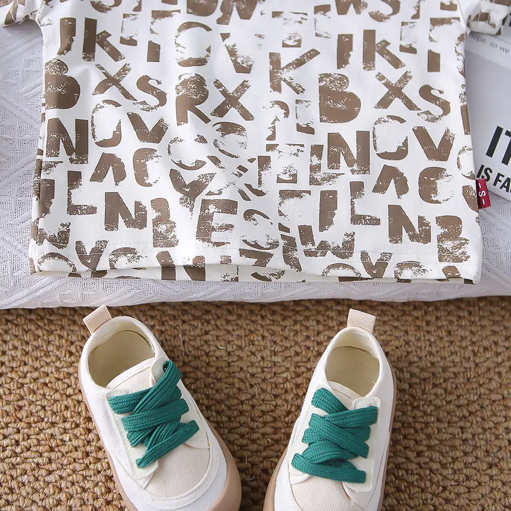 New Boys Letter Print 2Pc Summer T-Shirt Set Brown Shorts — feature 14