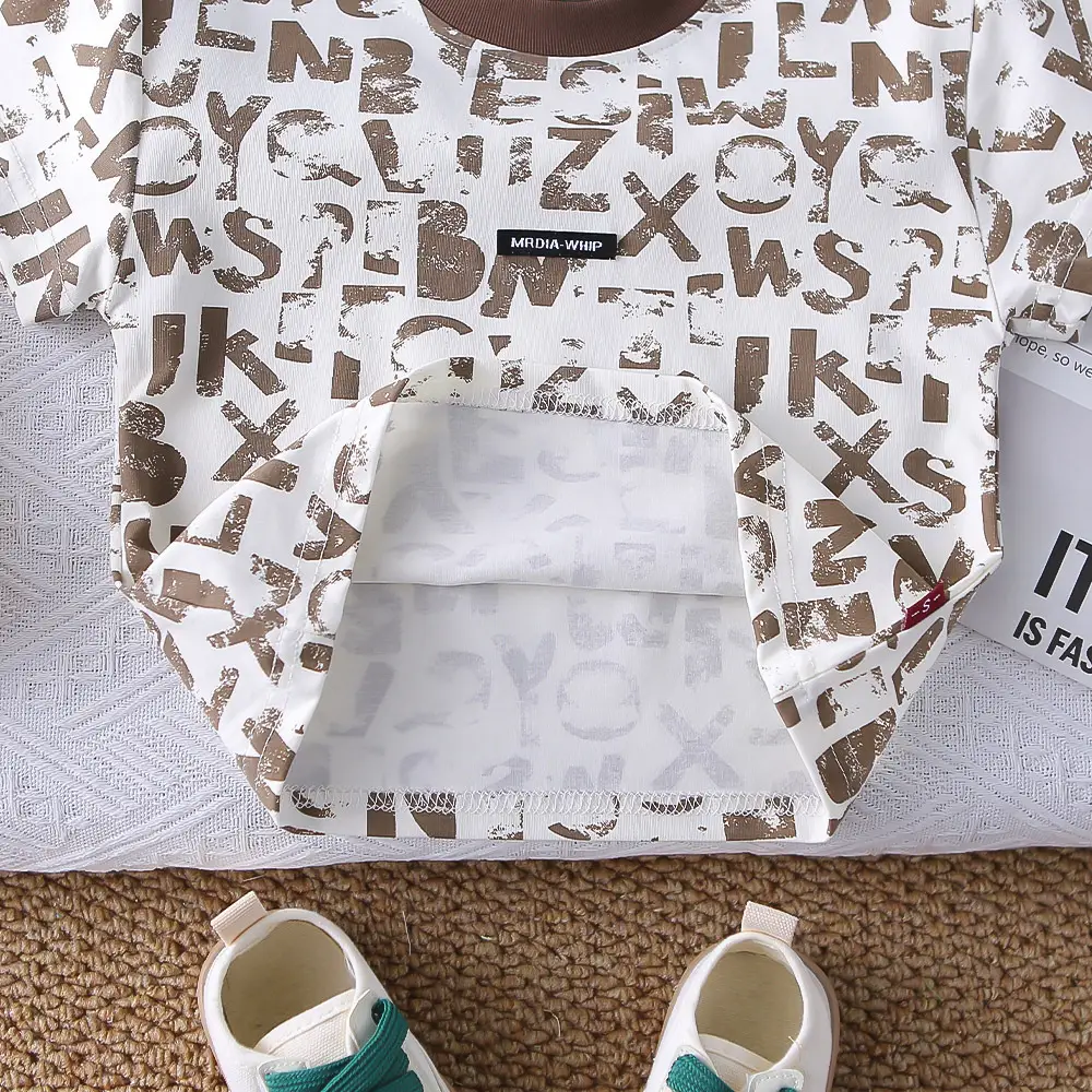 New Boys Letter Print 2Pc Summer T-Shirt Set Brown Shorts — feature 15