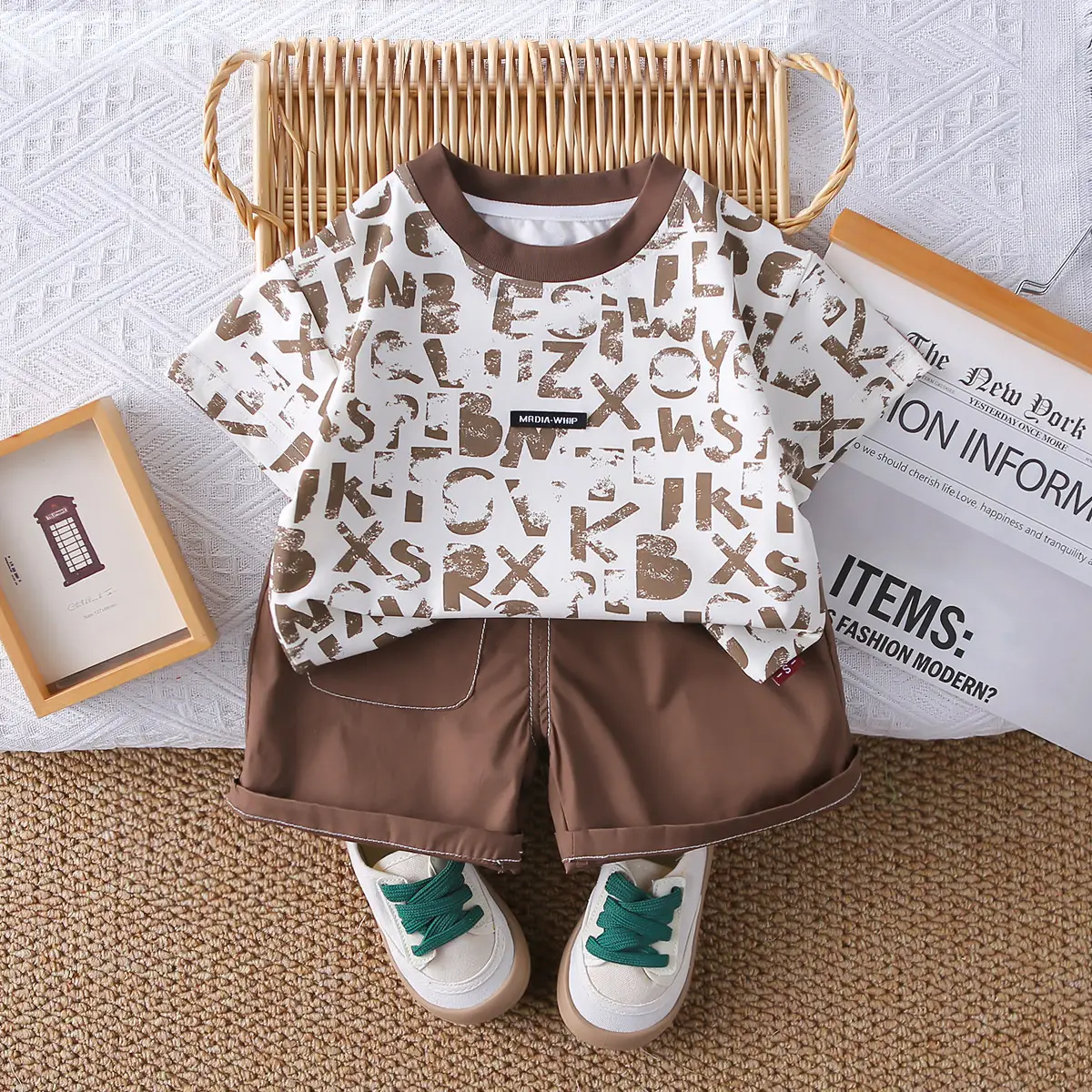 New Boys Letter Print 2Pc Summer T-Shirt Set Brown Shorts — feature 2