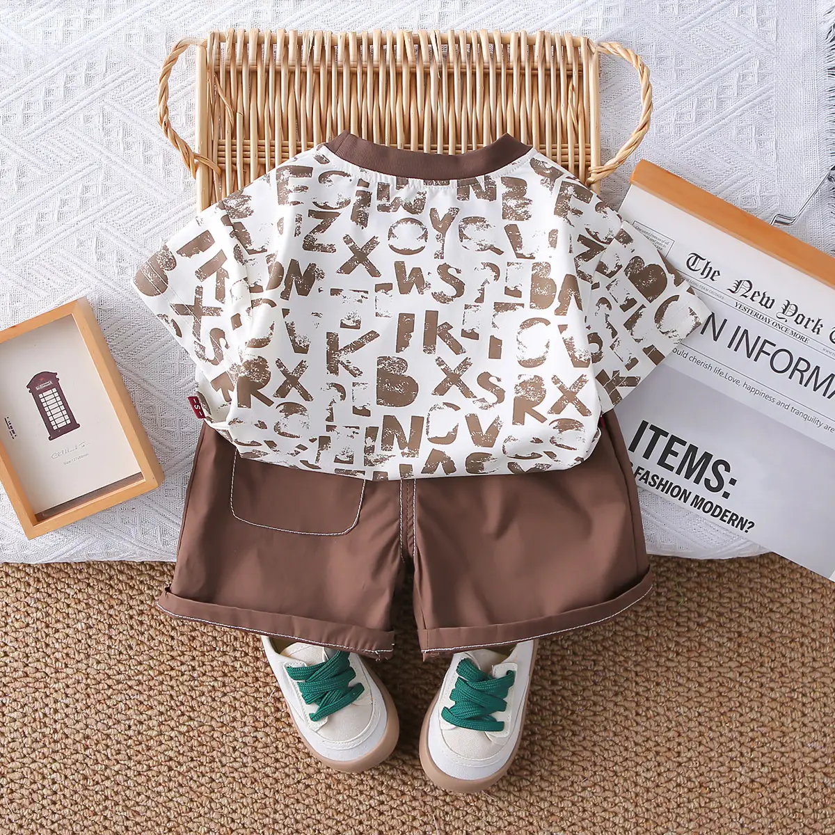 New Boys Letter Print 2Pc Summer T-Shirt Set Brown Shorts — feature 4