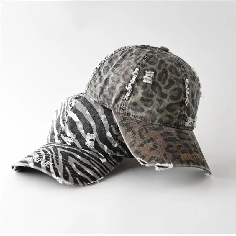 Unisex Ripped Leopard Print Cap with Letter Embroidery - Image 9