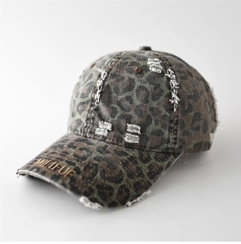 Unisex Ripped Leopard Print Cap with Letter Embroidery — feature 1