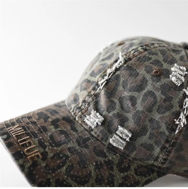Unisex Ripped Leopard Print Cap with Letter Embroidery — feature 14