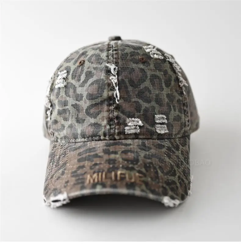 Unisex Ripped Leopard Print Cap with Letter Embroidery — feature 2