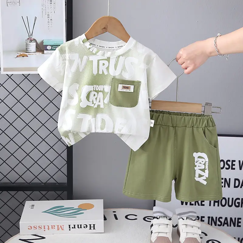 Kids Printed T-Shirt Shorts Set Brown White Summer Wear - Image 2