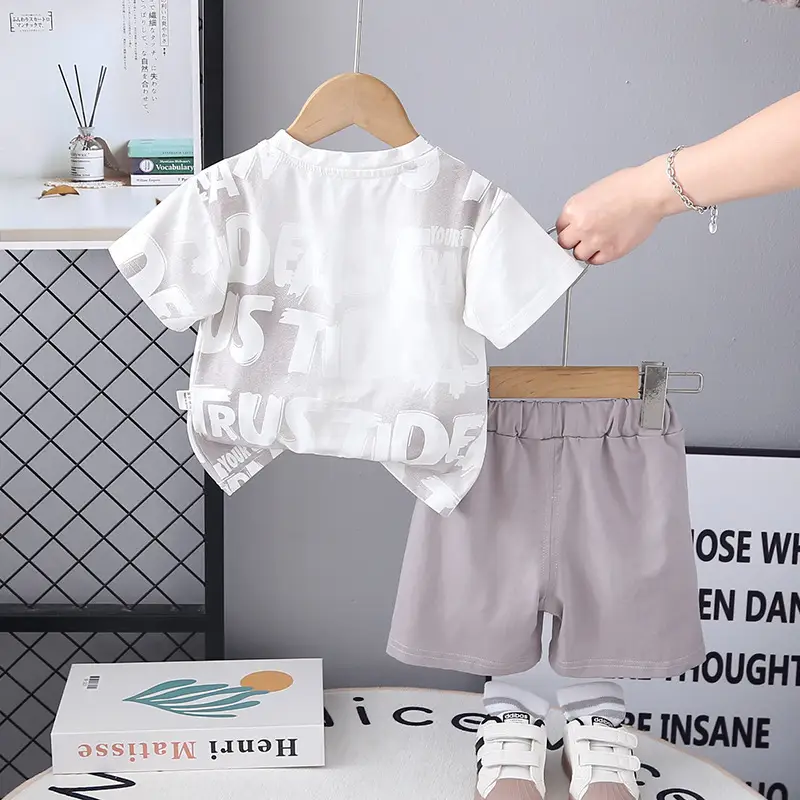 Kids Printed T-Shirt Shorts Set Brown White Summer Wear - Image 5