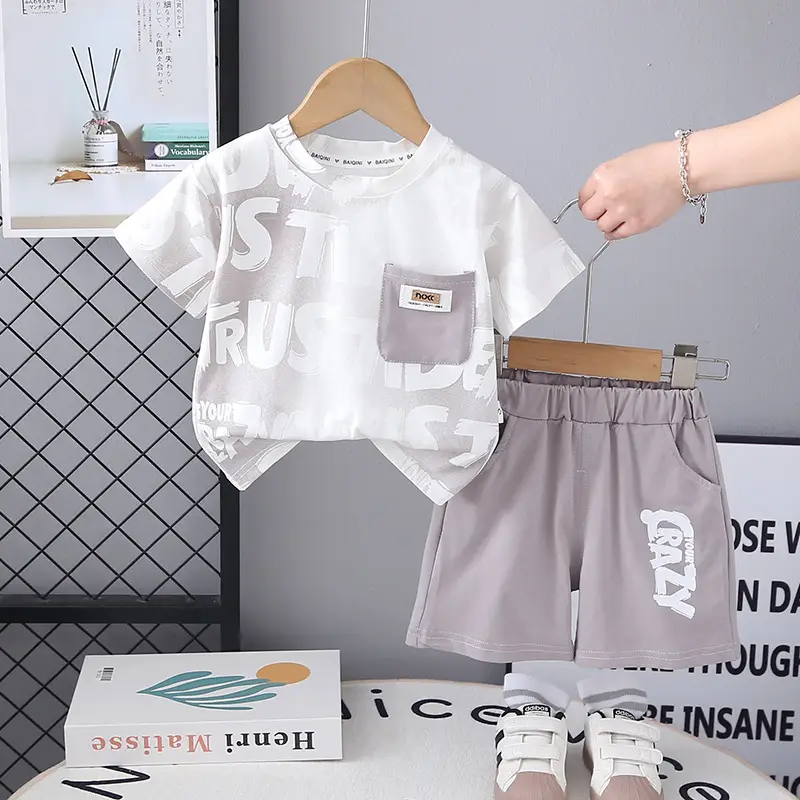 Kids Printed T-Shirt Shorts Set Brown White Summer Wear — feature 2