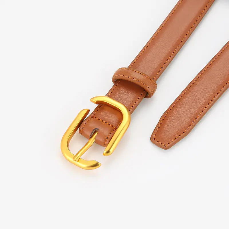 Women Genuine Leather Belt Tan Gold Buckle - Image 8