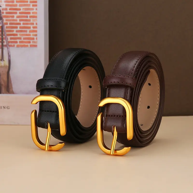 Women Genuine Leather Belt Tan Gold Buckle - Image 11