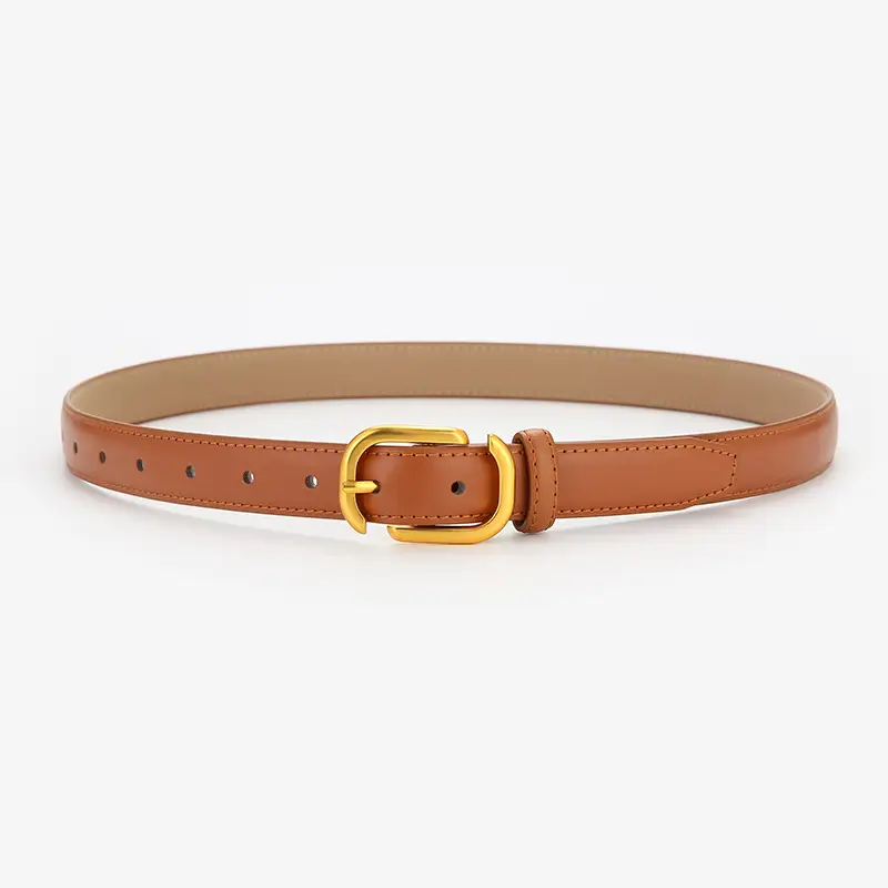Women Genuine Leather Belt Tan Gold Buckle - Image 2