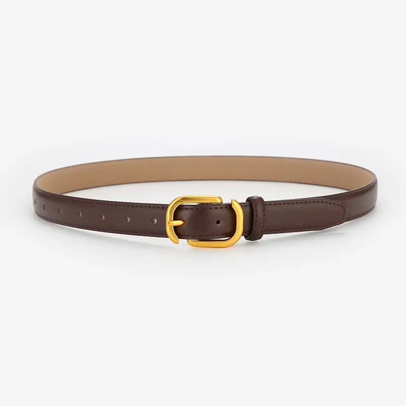 Women Genuine Leather Belt Tan Gold Buckle - Image 3