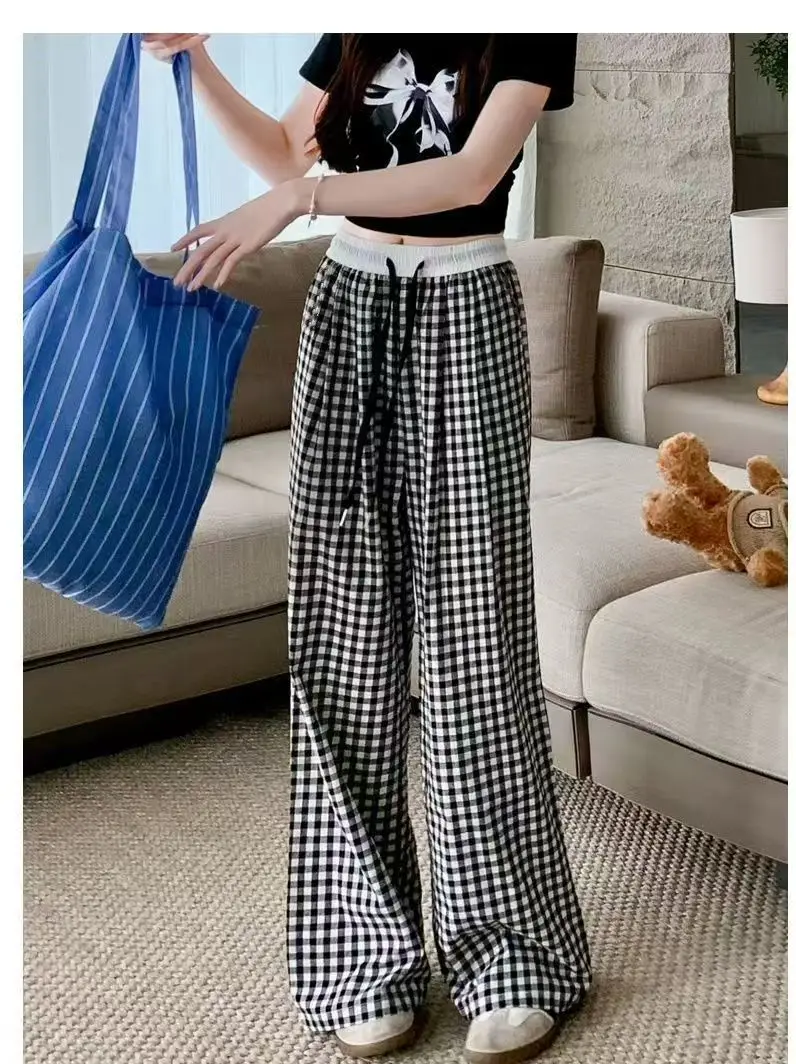 Women Checkered Wide Leg Pants Summer Casual Large Hem - Image 9