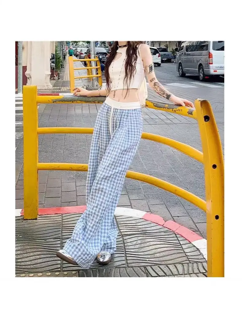 Women Checkered Wide Leg Pants Summer Casual Large Hem - Image 10