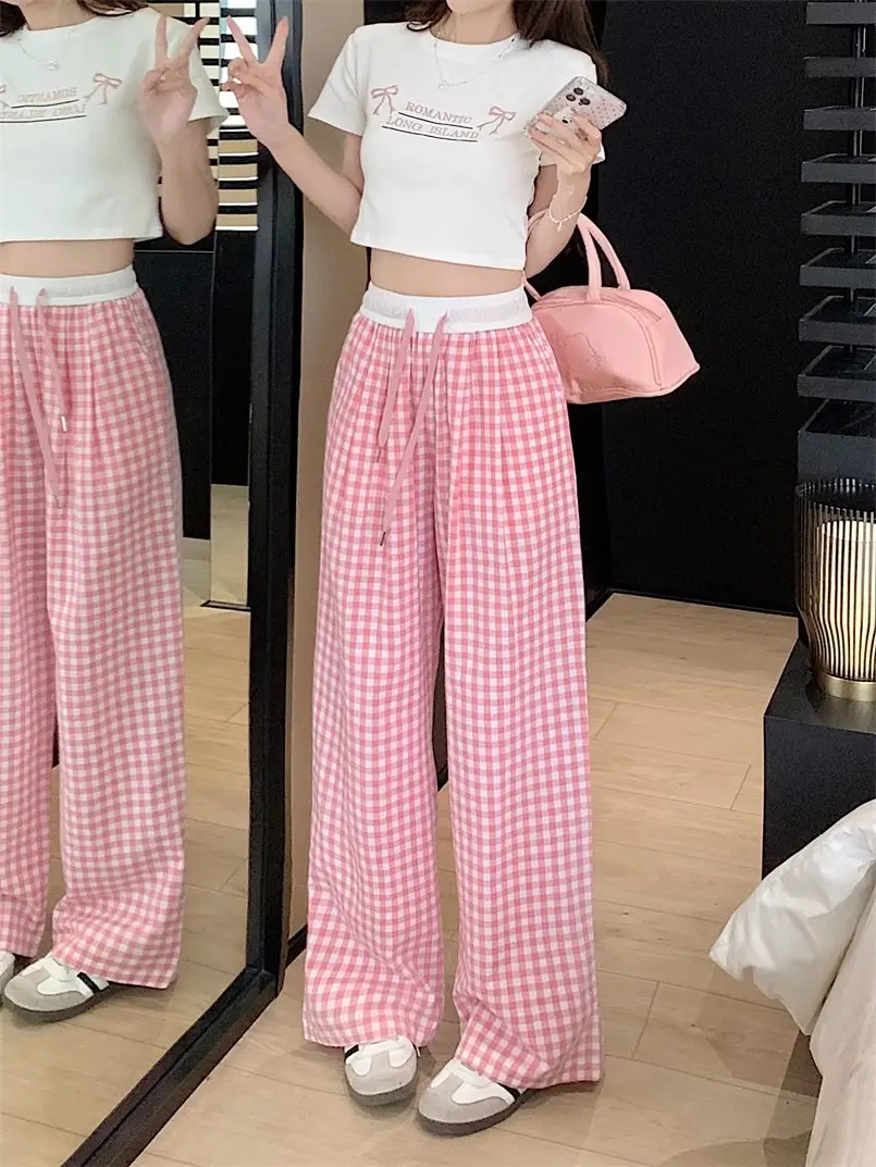 Women Checkered Wide Leg Pants Summer Casual Large Hem — feature 1
