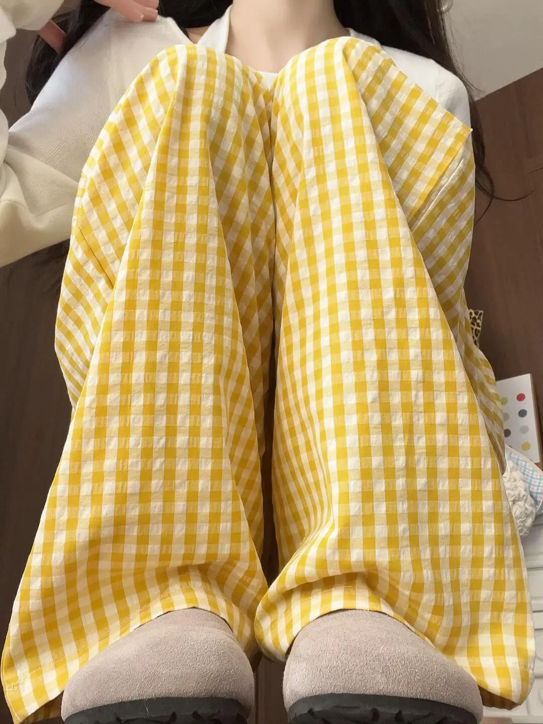 Women Checkered Wide Leg Pants Summer Casual Large Hem — feature 11