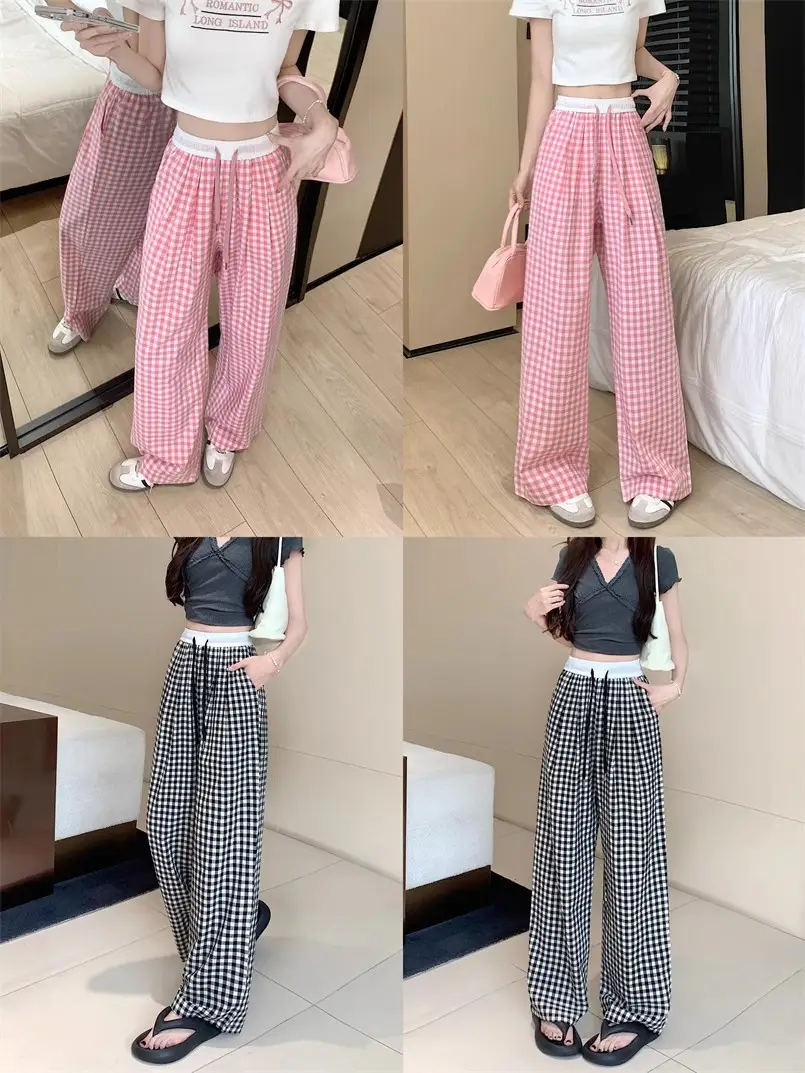 Women Checkered Wide Leg Pants Summer Casual Large Hem — feature 12