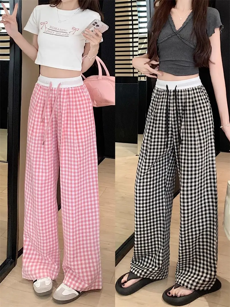Women Checkered Wide Leg Pants Summer Casual Large Hem — feature 13