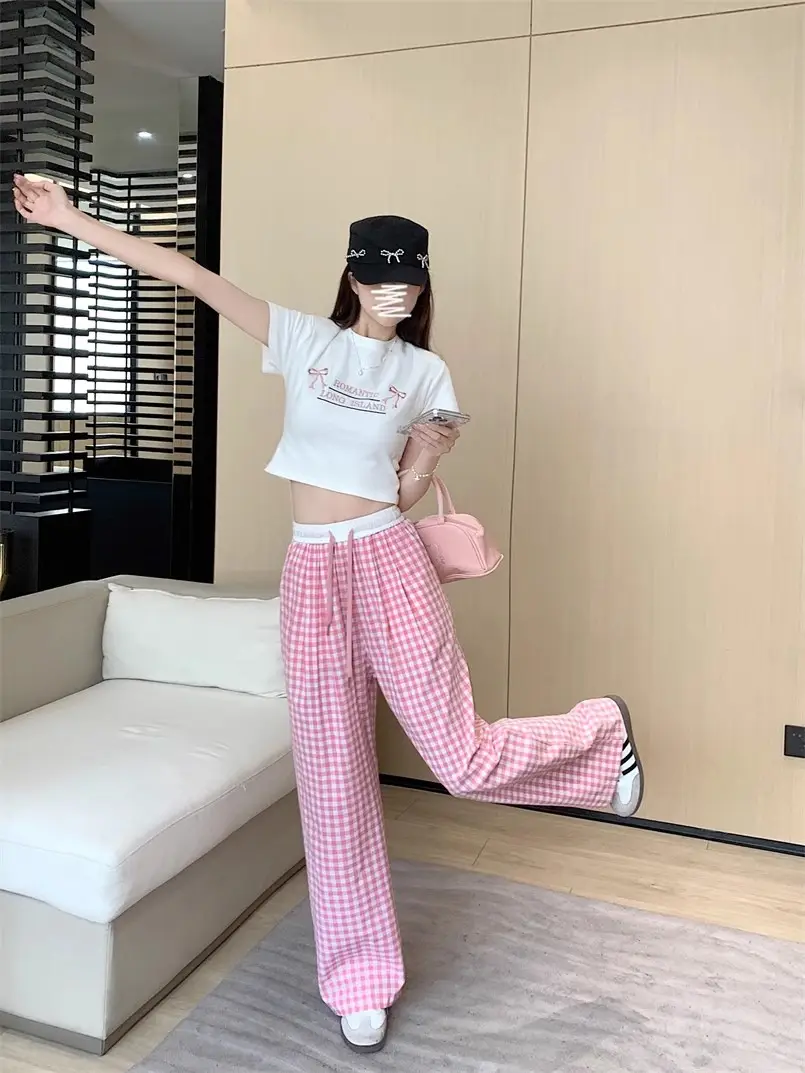 Women Checkered Wide Leg Pants Summer Casual Large Hem — feature 14