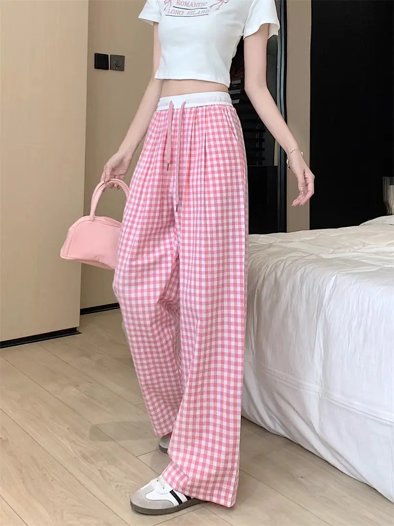 Women Checkered Wide Leg Pants Summer Casual Large Hem — feature 15