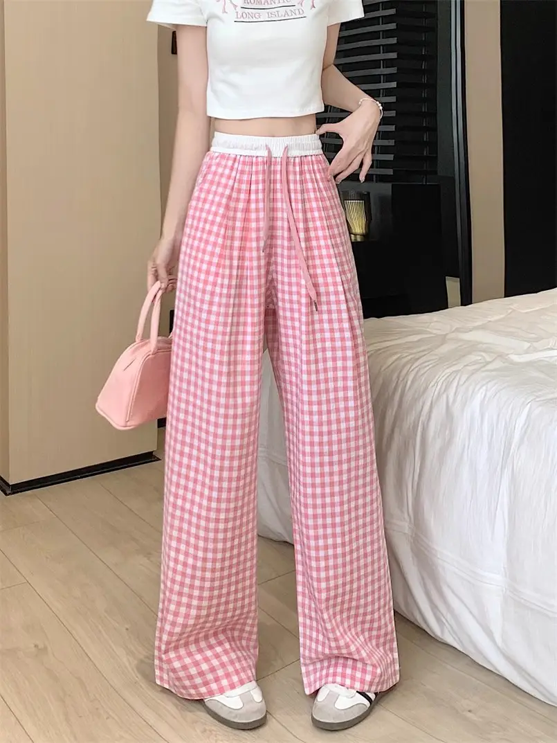 Women Checkered Wide Leg Pants Summer Casual Large Hem — feature 16