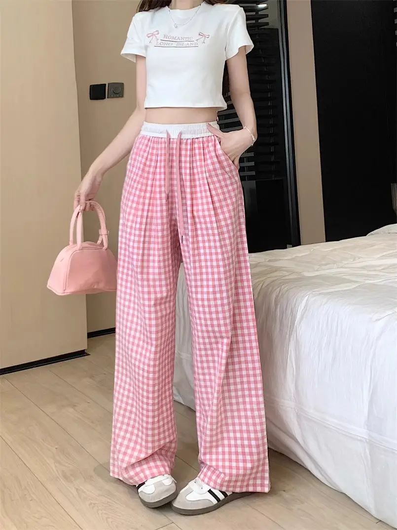 Women Checkered Wide Leg Pants Summer Casual Large Hem — feature 18