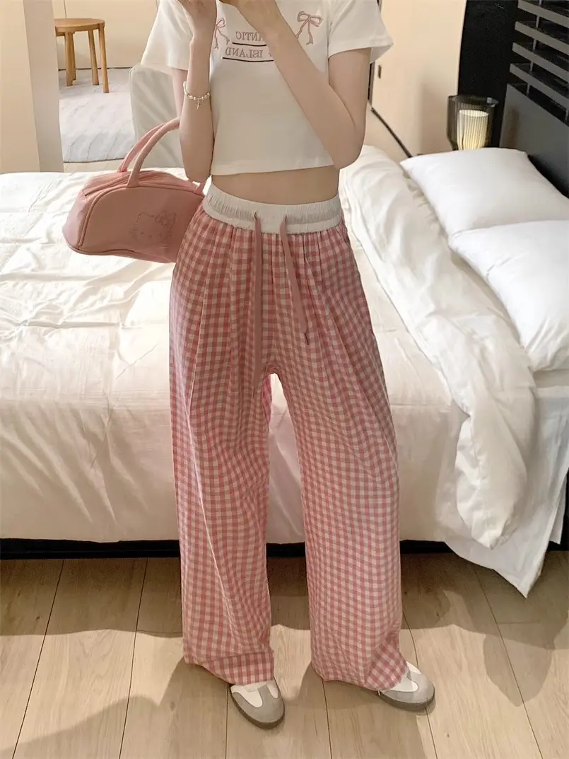Women Checkered Wide Leg Pants Summer Casual Large Hem — feature 19