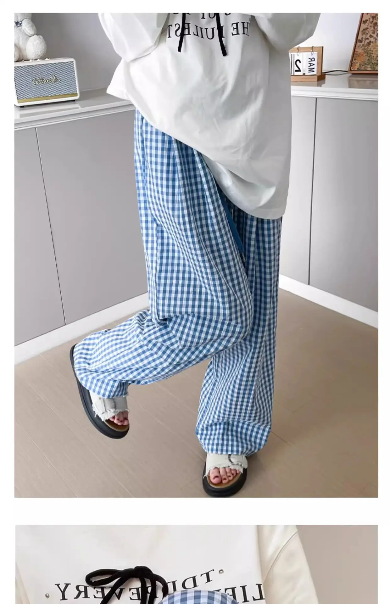 Women Checkered Wide Leg Pants Summer Casual Large Hem — feature 2