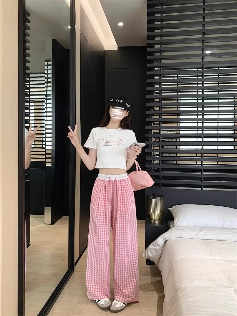 Women Checkered Wide Leg Pants Summer Casual Large Hem — feature 21
