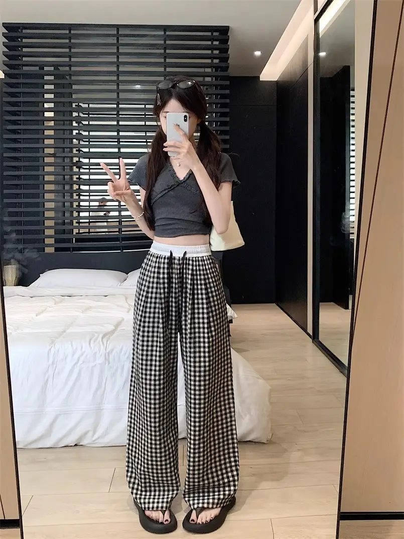 Women Checkered Wide Leg Pants Summer Casual Large Hem — feature 22