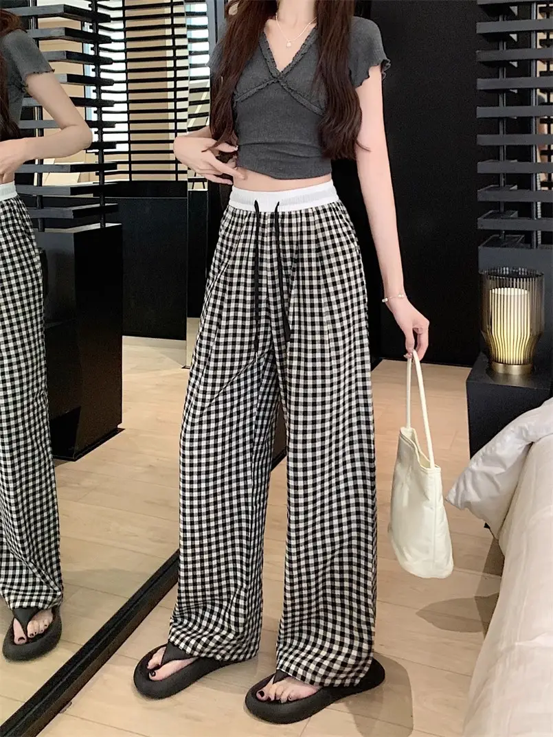 Women Checkered Wide Leg Pants Summer Casual Large Hem — feature 23