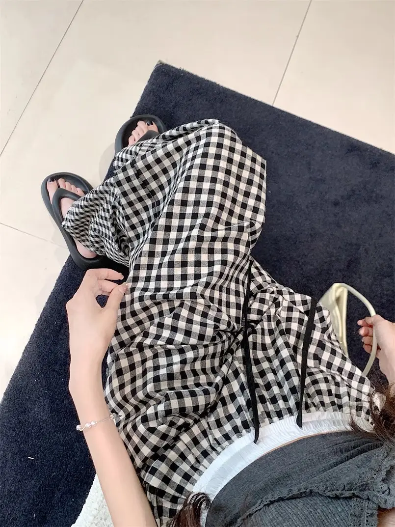 Women Checkered Wide Leg Pants Summer Casual Large Hem — feature 24