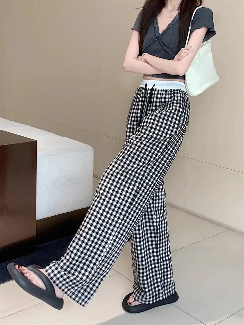 Women Checkered Wide Leg Pants Summer Casual Large Hem — feature 25