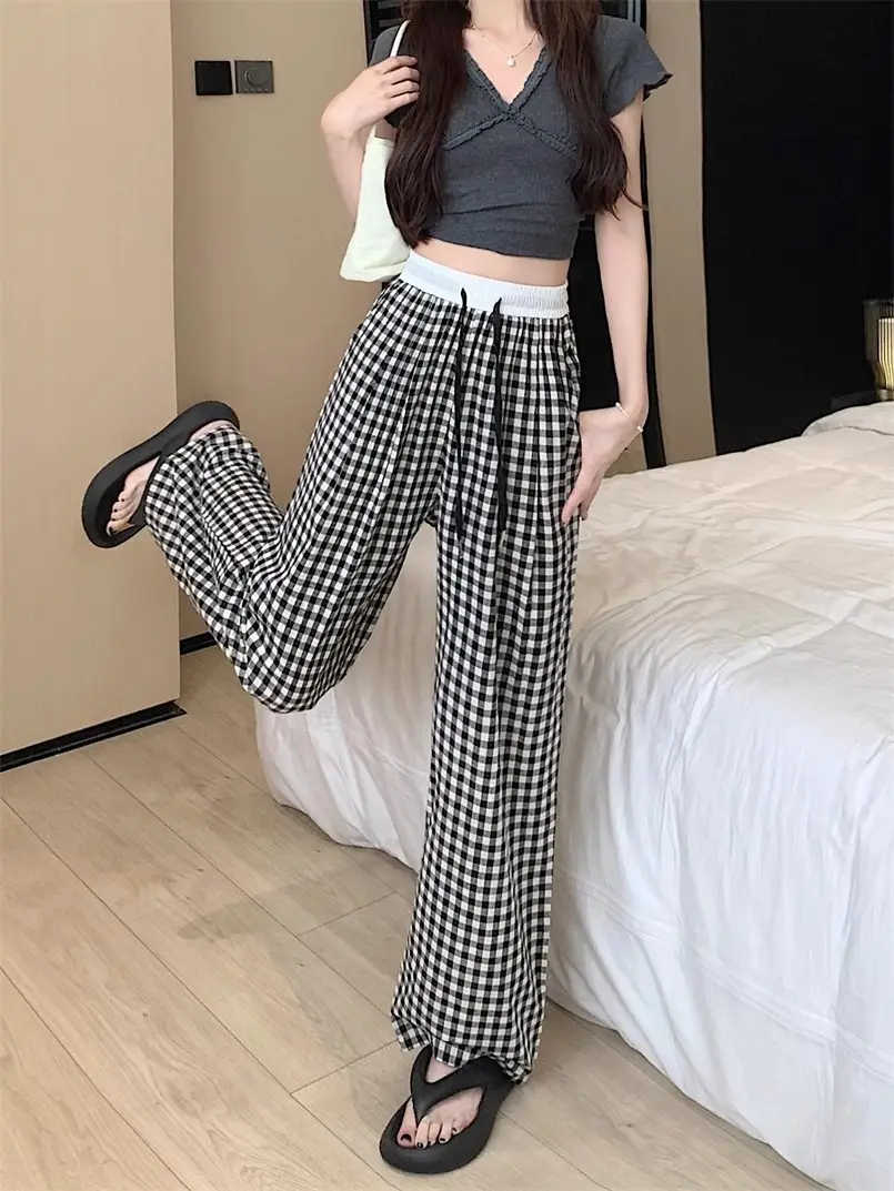 Women Checkered Wide Leg Pants Summer Casual Large Hem — feature 26
