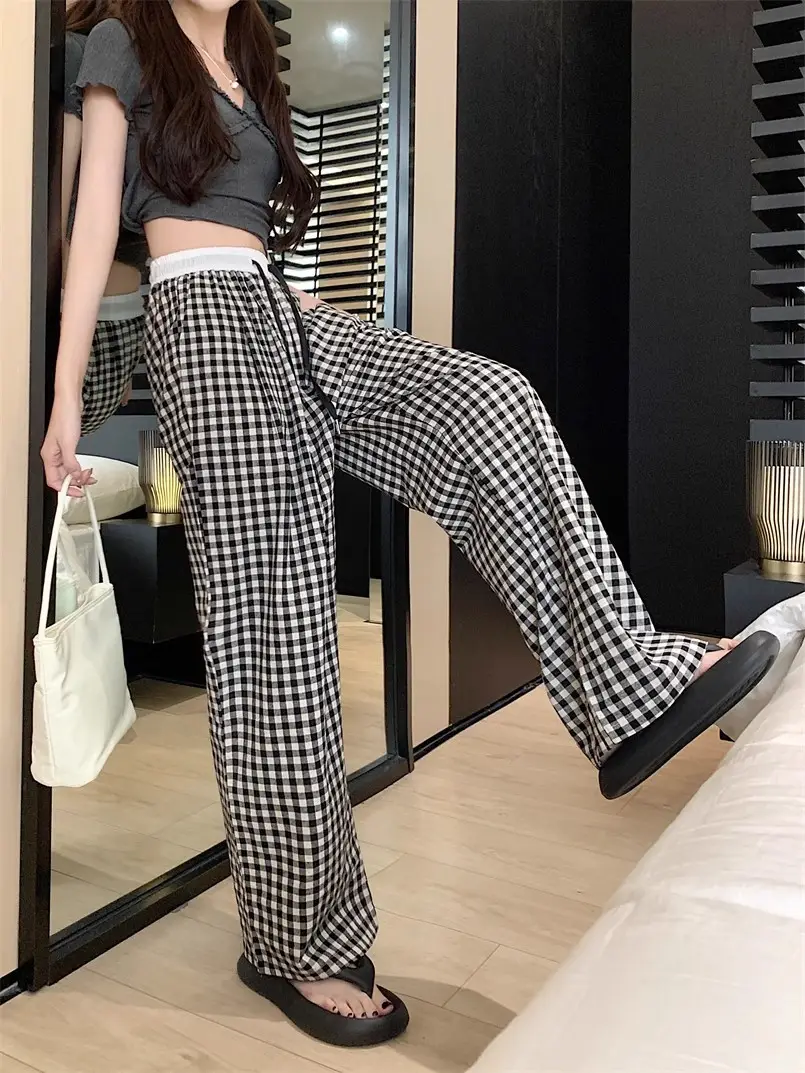 Women Checkered Wide Leg Pants Summer Casual Large Hem — feature 27
