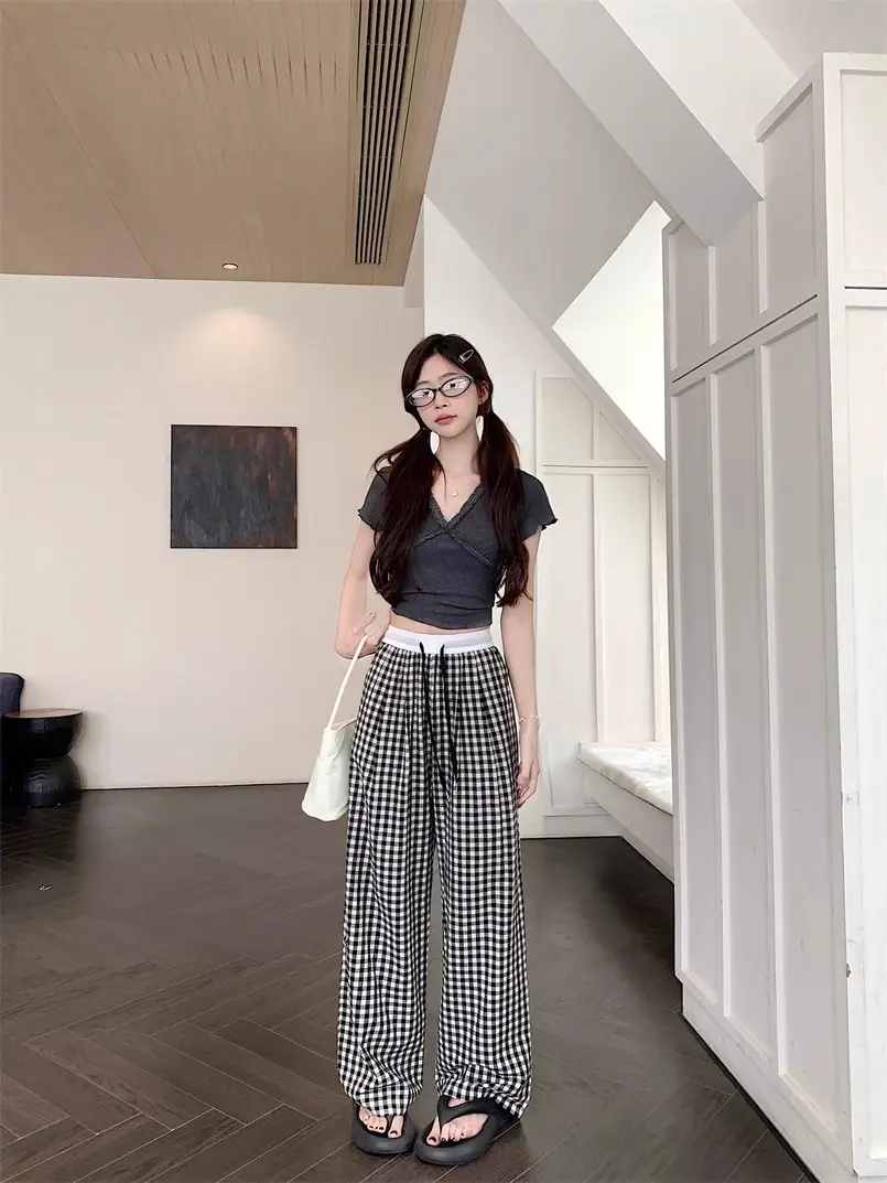 Women Checkered Wide Leg Pants Summer Casual Large Hem — feature 28