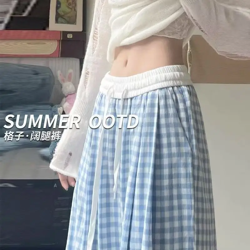 Women Checkered Wide Leg Pants Summer Casual Large Hem - Image 3