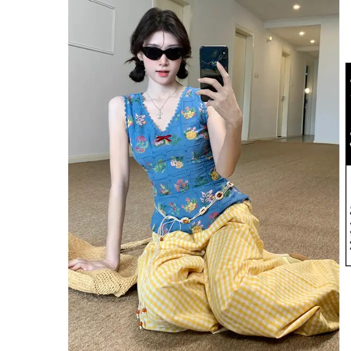 Women Checkered Wide Leg Pants Summer Casual Large Hem - Image 4